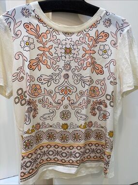 Tory Burch cream color  Short Sleeve Tee with Peach and Yellow Floral Print